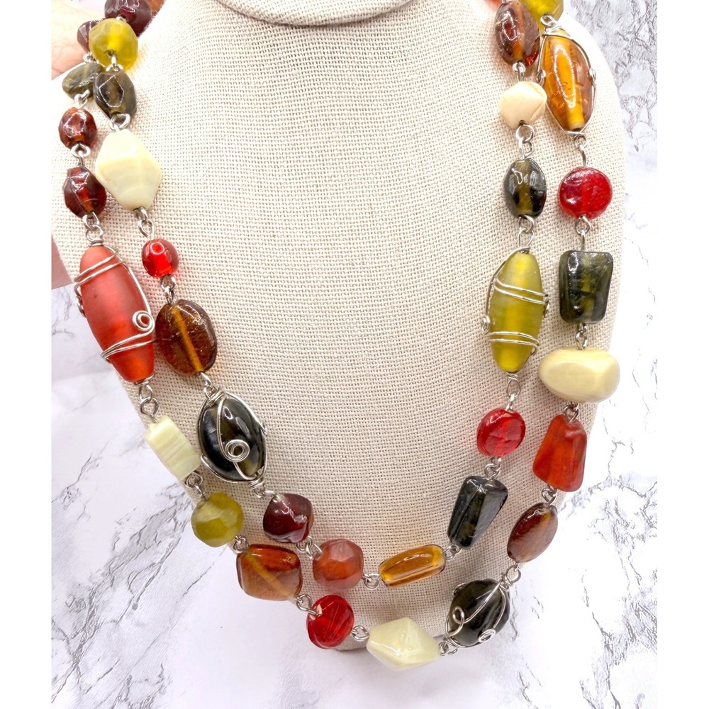 Multicolor Glass Bead Double Strand Wire Wrapped Necklace 20–22"